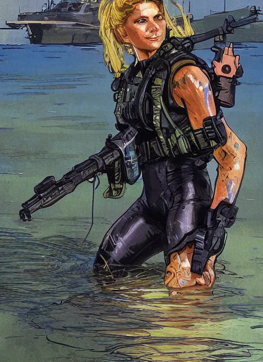 Prompt: Sonya. USN blackops operator emerging from water at the shoreline. Agent wearing Futuristic wetsuit and looking at an abandoned shipyard. rb6s, MGS, and splinter cell Concept art by James Gurney, Alphonso Mucha. Vivid color scheme.