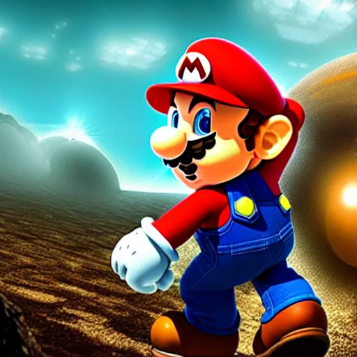 Image similar to Mario is ascending, photorealistic, desolate, terrifying, weird, strange, odd, uncanny, hyper realism, highly detailed, photorealism, smooth gradients, high contrast, photorealistic