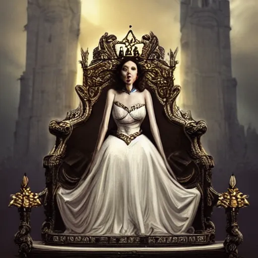 Image similar to A beautiful Queen sitting in a throne, concept art, wide shot, godrays, grand
