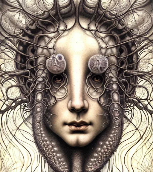 Image similar to detailed realistic beautiful jellyfish goddess face portrait by jean delville, gustave dore, iris van herpen and marco mazzoni, art forms of nature by ernst haeckel, art nouveau, symbolist, visionary, gothic, neo - gothic, pre - raphaelite, fractal lace, intricate alien botanicals, biodiversity, surreality, hyperdetailed ultrasharp octane render