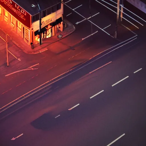 Prompt: A stunningly beautiful award-winning 8K high angle from 3rd floor cinematic movie photograph looking down diagonally across a spooky dark very foggy empty lightless moonlit main street intersection in an abandoned 1950s small town at night. perfect composition, moody low key backlit. Color palette from Seven, greens yellows and reds. 2 point perspective. Octane render