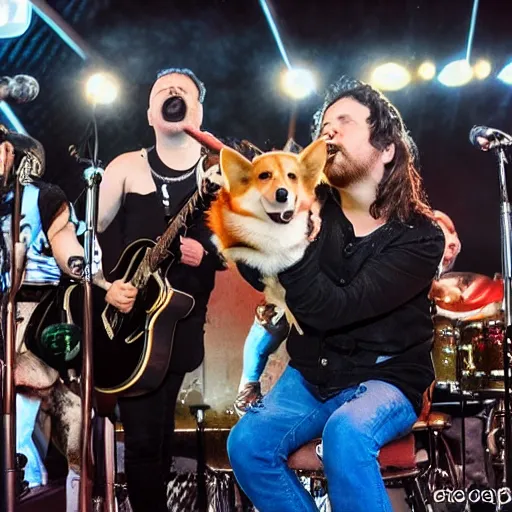 Image similar to corgi on concert of Russian rock group with tons of beer