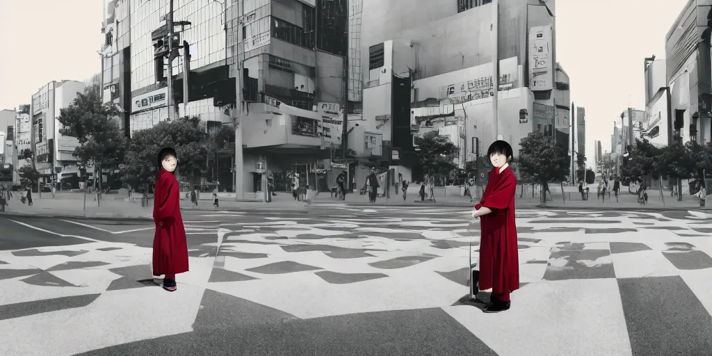 Image similar to a girl with long hair on japanese uniform high school, waiting on a crosswalk, urban city background, digital art, 8 k,