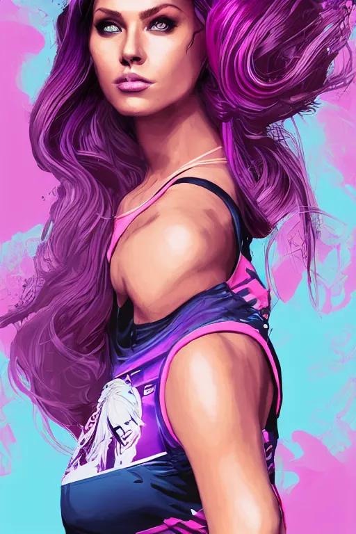 Image similar to a award winning half body porttrait of a beautiful woman in a croptop with ombre purple pink teal hairstyle with head in motion and hair flying by marvel comics and sandra chevrier, outrun, vaporware, illustration, digital art, trending on artstation, highly detailed, fine detail, intricate