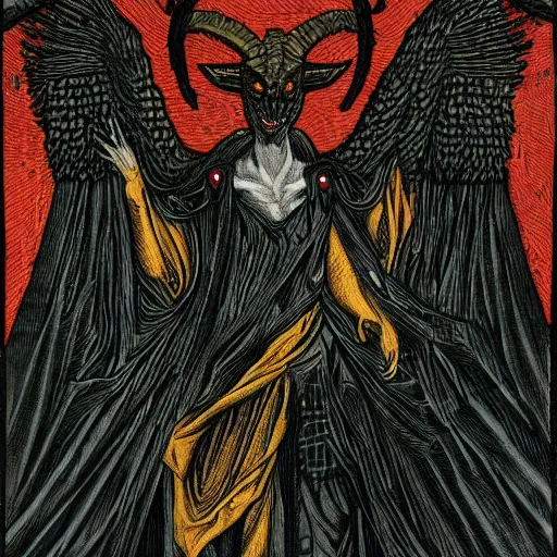 Image similar to baphomet wearing a dark hooded cloak, highly detailed