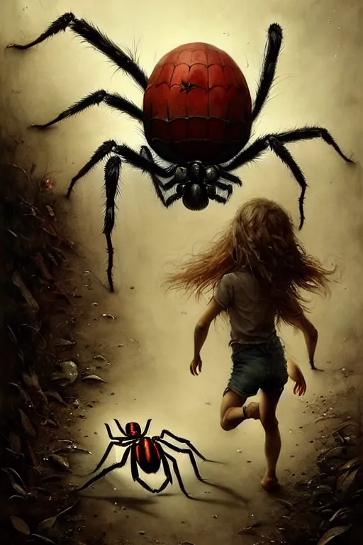 Image similar to screaming kids running away from huge spider | esoteric symbolism | jean - baptiste monge, esao andrews, bastien lecouffe - deharme, tim jacobus, ken currie | ultra - detailed realism, soft cinematic lighting, hi - fructose, artstation, high - quality, ink watercolors wes anderson poster art