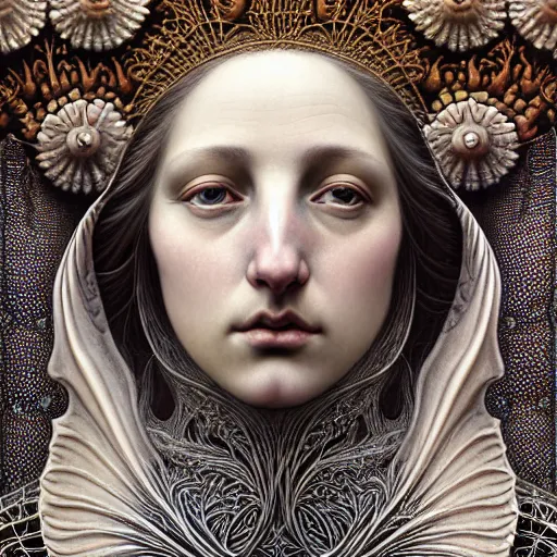 Image similar to detailed realistic beautiful young medieval queen face portrait by jean delville, gustave dore, iris van herpen and marco mazzoni, art forms of nature by ernst haeckel, art nouveau, symbolist, visionary, gothic, neo - gothic, pre - raphaelite, fractal lace, ai biodiversity, surreality, intricate hyper detailed ultra sharp octane render