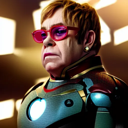 Image similar to Elton John as Iron Man, cinematic, movie still, 8k, photorealistic, dramatic,