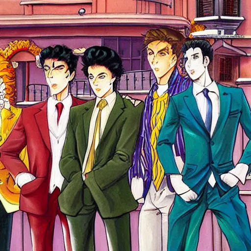 Image similar to a beautiful painting of four well dressed men posing for a picture on a city street by hirohiko araki, detailed line art, jojos bizarre adventure