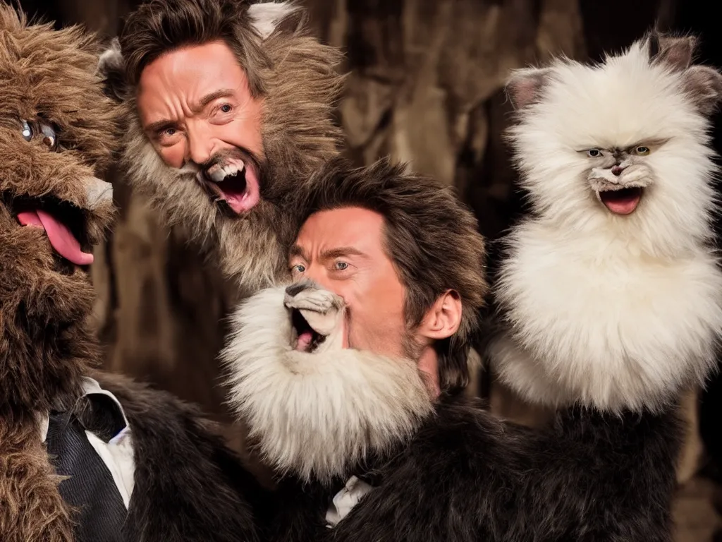 Image similar to Hugh Jackman and Fluffy Furry monster, making silly faces from a stage, movie still, studio lighting, 4k, 8k, high resolution