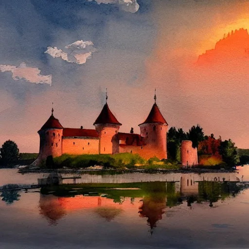 Image similar to cinematic shot of trakai castle during sunset, watercolor painting, jakub rozalski, artstation