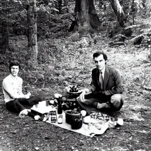 Image similar to ted bundy having a picnic at bohemian grove