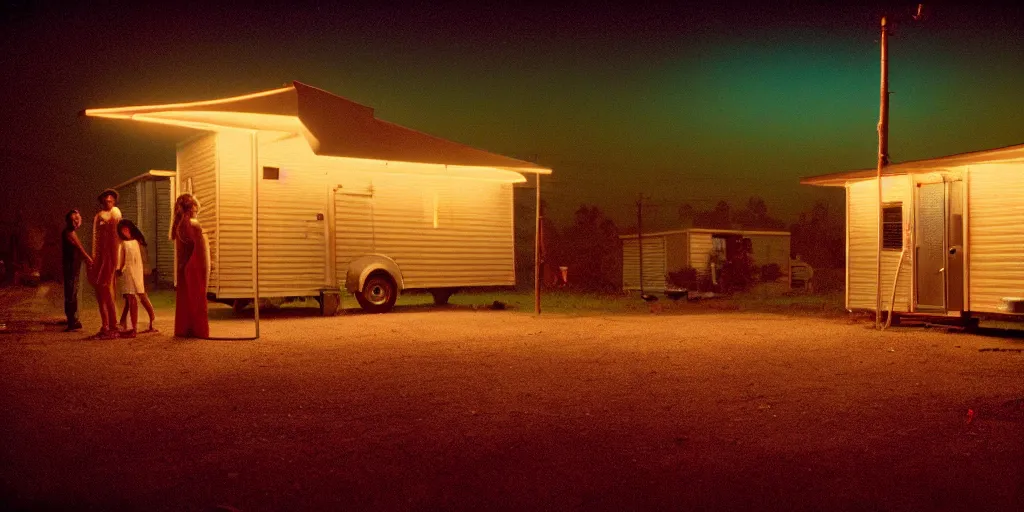 Prompt: detailed analog medium format scene from harmony korine movie, polaroid photo of trailerpark, rim light, shot at night with studio lights, atmospheric, high production value, intricate details, 8 k resolution, hyperrealistic, hdr, photorealistic, high definition, tehnicolor, award - winning photography, masterpiece, amazing colors,