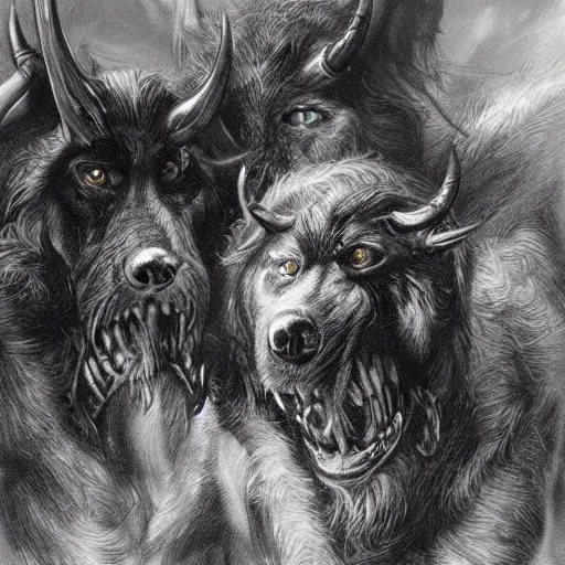 Image similar to the hounds of hell, fantasy art, artstation, alan lee, illustration, detailed