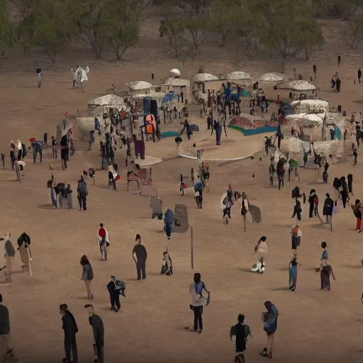 Prompt: a crowd gathering around government camp grounds in the hot desert trending on artstation digital paint 4 k render