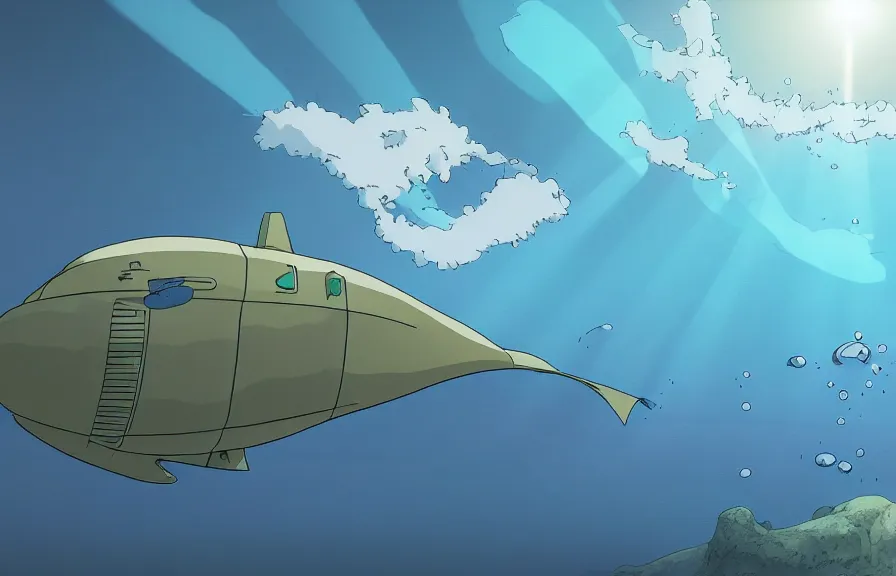 Image similar to a realistic studio ghibli cell shaded cartoon showing a submarine swimming in front of a white pyramid underwater at the bottom of the sea. shafts of sunlight come from above. wide shot, very dull muted colors, hd, 4 k, hq