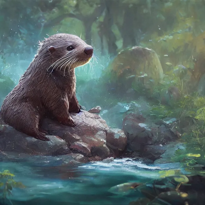 Image similar to a detailed painting of a cute otter at a river. character design by cory loftis, fenghua zhong, ryohei hase, ismail inceoglu and ruan jia. volumetric light, detailed, rendered in octane