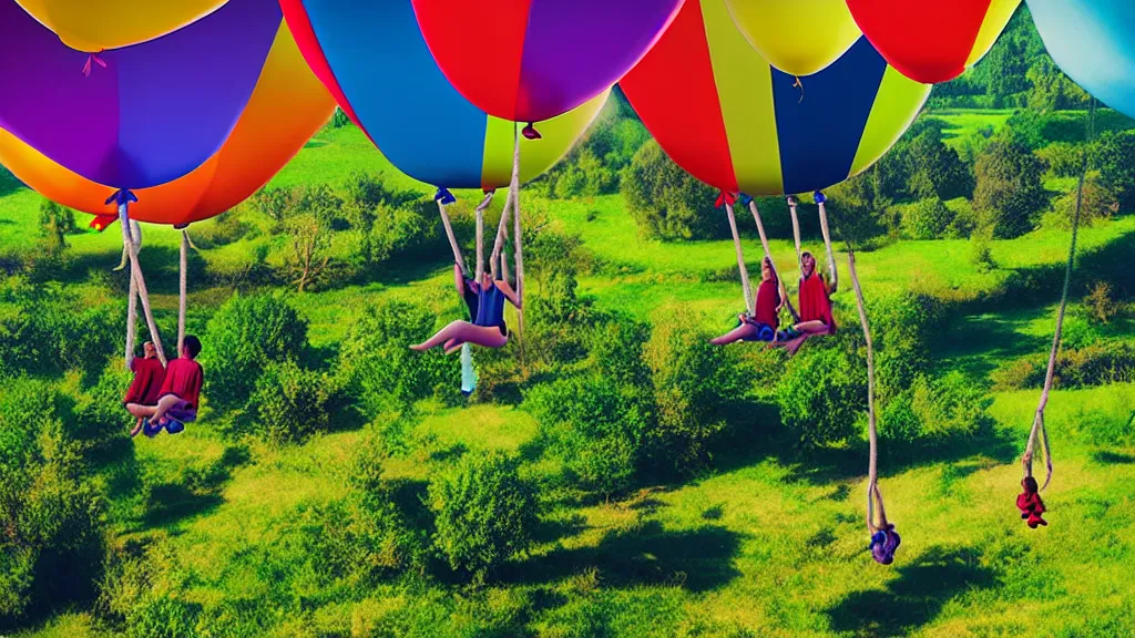 Image similar to large colorful balloons with people on rope swings underneath, flying high over the beautiful countryside landscape, professional photography, 8 0 mm telephoto lens, realistic, detailed, digital art, unreal engine