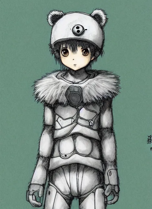 Image similar to beautiful little boy wearing an cyborg bear suit, artwork in kentaro miura and made in abyss and rosdraws, smooth, beautiful lightness, anatomically correct, trending on pixiv, forest