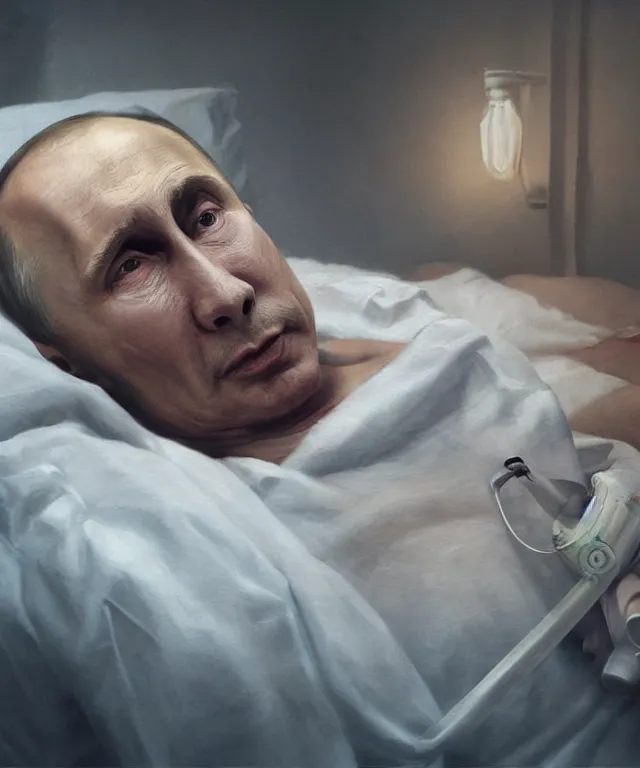 Image similar to hyperrealistic oil painting of very ill Vladimir Putin as a patient wearing an oxygen mask on a death bed inhaling from Copium tank that stand near his bed, clear face, artstation, matte painting, highly detailed, intricate, concept art, dramatic cinematic lighting, octane render, 8k, unreal engine