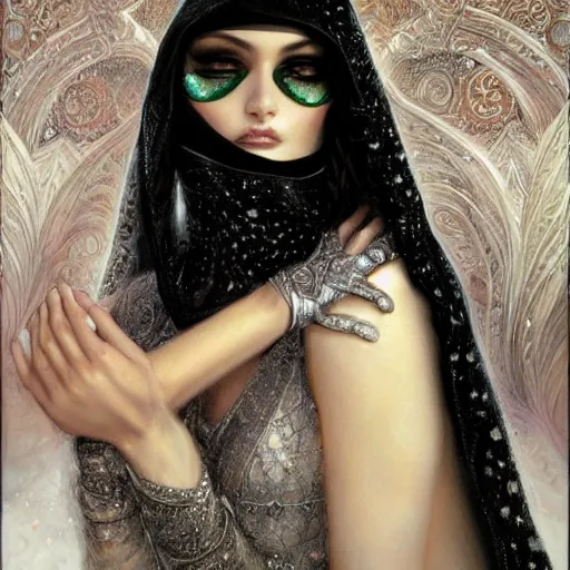 Image similar to a beautiful woman wearing a white niqab made of silver with jewelry and diamonds by karol bak, ayami kojima, arabian eyes, concept art, fantasy