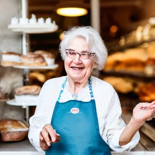 Prompt: a smiling lovely cute granny in a white french bakery apron and mitts. dim lit french bakery background. beautiful lighting, editorial photography, award - winning