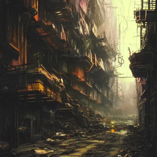 Prompt: a spectacular painting of an aetherpunk alleyway where an evil miasma is rising up from among the piles of refuse on a dark night : 2. 5, by paul cadden and chris foss : 2, nib pen and gouache : 2, photorealistic urban : 3, trending on artstation : 1