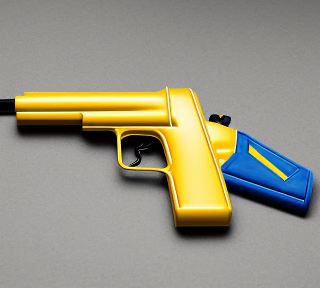 Image similar to a 4 k photorealistic photo full shot of a yellow and blue gun denim.