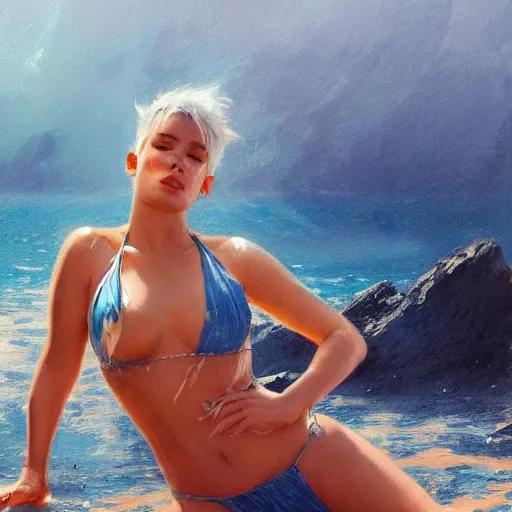 Image similar to halsey in a bikini, 8 k octane beautifully detailed render, post - processing, extremely hyper - detailed, intricate, epic composition, cinematic lighting, masterpiece, trending on artstation, masterpiece, stunning art by anders zorn, wonderful masterpiece by greg rutkowski, beautiful cinematic