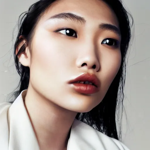 Image similar to close up of face of asian female fashion model, sitting on chair, official jil sander editorial, highly detailed