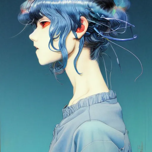 Image similar to prompt : blue portrait soft light painted by james jean and katsuhiro otomo and erik jones, inspired by evangeleon anime, smooth face feature, intricate oil painting, high detail illustration, sharp high detail, manga and anime 1 9 9 0