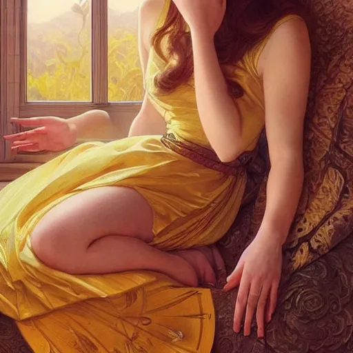 Image similar to anna kendrick wearing a yellow dress and reading a book, masterpiece, intricate, elegant, highly detailed, digital painting, artstation, concept art, smooth, sharp focus, illustration, art by artgerm and greg rutkowski and alphonse mucha and uang guangjian and gil elvgren and sachin teng, symmetry!!