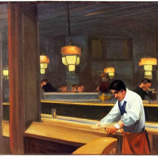 Prompt: man with short brown hair working in busy cafe in a large hotel, opulent, style of edward hopper
