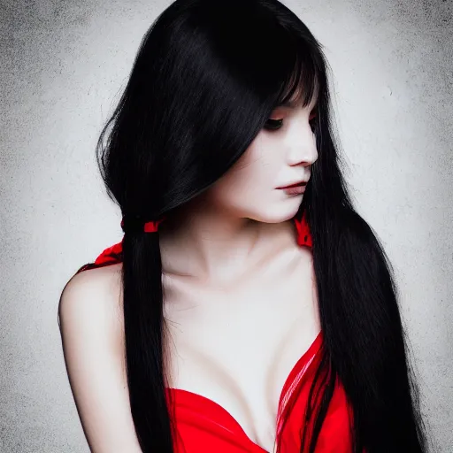 Image similar to portrait of a woman with long black hair and red eyes, wearing a red dress, 8k, close up shot, detailed face, beautiful, cinematic lighting, film, high quality, depth of field, dark colors,