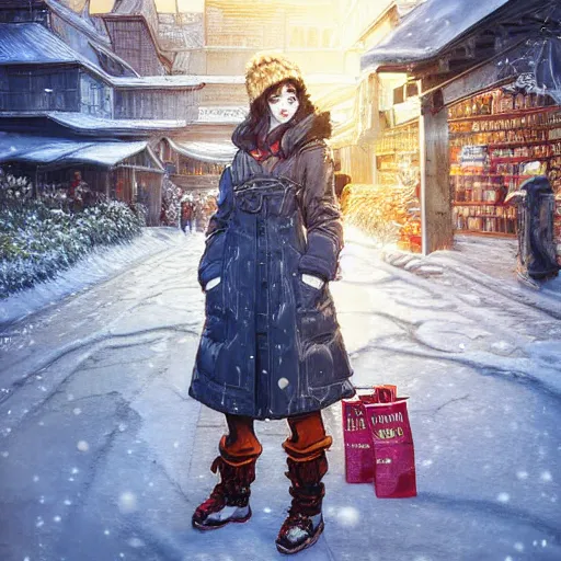 Prompt: the portrait a beautiful grocery young asia woman in down jacket, the background is a grocery store, winter, rural northeast an ultrafine hyperdetailed illustration by kim jung gi, irakli nadar, intricate linework, bright colors, octopath traveler, wenjun lin, unreal engine 5 highly rendered, global illumination, radiant light, detailed and intricate environment