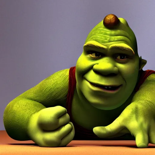 Prompt: 3d render of Shrek as Smeagol