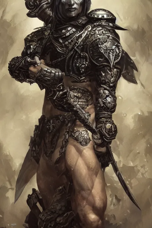 Image similar to full body portrait of a gothic ranger, muscular, upper body, arm tattoos, Warhammer 40k, fantasy, intricate, elegant, highly detailed, digital painting, artstation, concept art, matte, sharp focus, illustration, art by Artgerm and Greg Rutkowski and Craig Mullins and Ross Tran