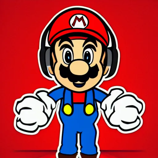 Image similar to svg sticker of a Pop-Wonder SuperMario, Mario-Wearing-a-red-hat, at a rave, spinning records, giant headphones rocking out, wearing headphones, huge speakers, dancing, rave, DJ, spinning records, digital art, amazing composition, rule-of-thirds, award-winning, trending on artstation, featured on deviantart