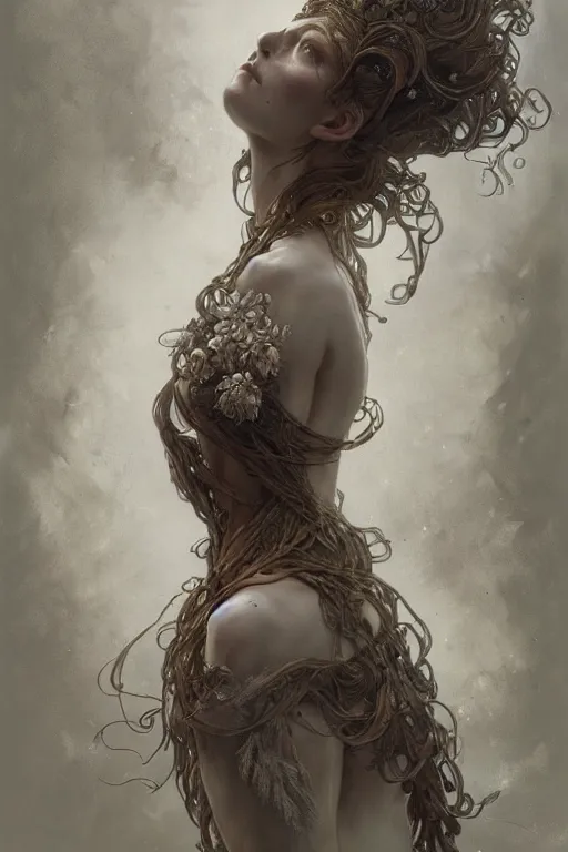 Prompt: A full portrait of an ancient nordic dryad, intricate, elegant, highly detailed, digital painting, artstation, concept art, smooth, sharp focus, illustration, art by Krenz Cushart and Artem Demura and alphonse mucha