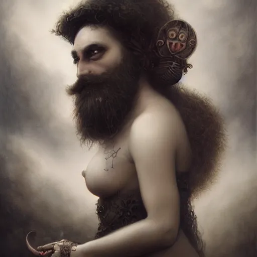 Image similar to By Tom Bagshaw, ultra realist soft painting of curiosities carnival by night, Dwarf grins beard, symmetry accurate features, very intricate details, ominous sky, black and white, volumetric light clouds