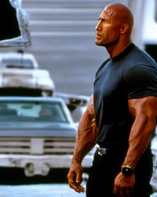 Image similar to Film still close-up shot of Dwayne Johnson in the movie Terminator 2. Photographic, photography