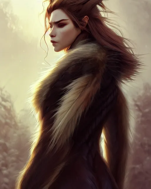 Prompt: dragon hunter wearing a fur - lined dragonhide jacket!!! beautiful and gorgeous wild white long haired female!! symmetry, character concept art, sharp focus, illustration, art by artgerm! greg rutkowski magali villeneuve wlop! ilya kuvshinov!! charlie bowater! octane render, unreal engine 5, highly rendered!