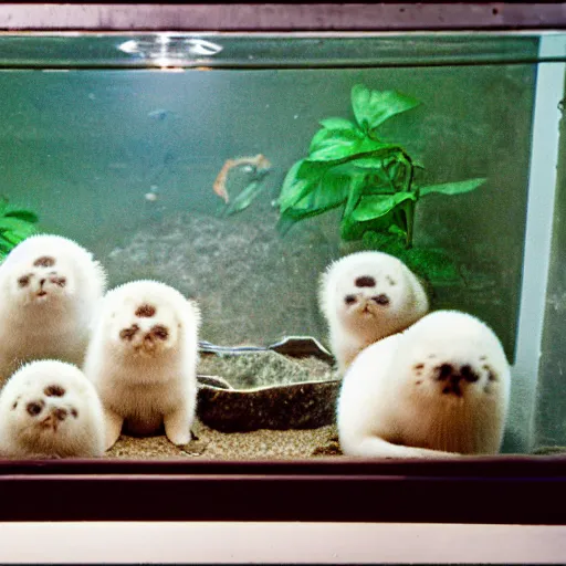 Image similar to a photo of a terrarium containing baby harp seals, located in a rundown condo from 1996, 15mm, Kodachrome