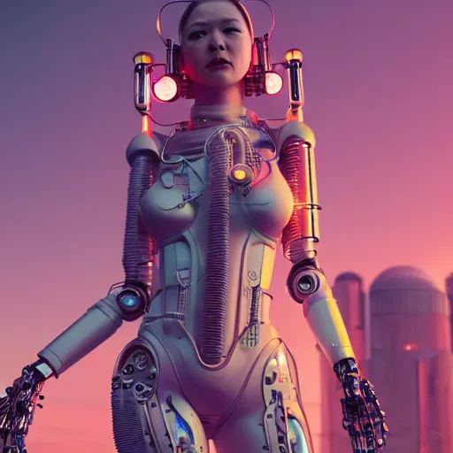 Image similar to a beautiful highly detailed futuristic mechanical lady, seductive confident pose, art by geof darrow, cyberpunk, featured on artstation, 4 k, octane render