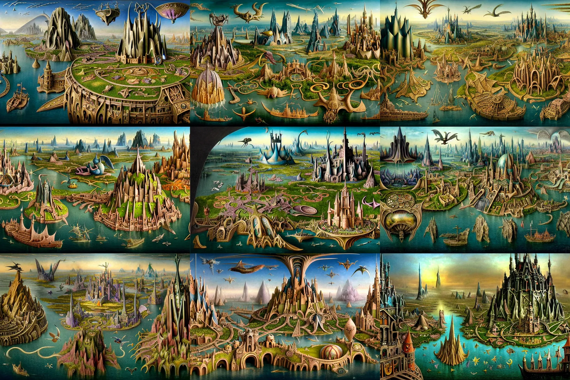Prompt: a beautiful and insanely detailed matte painting of a magical mythical medieval sprawling city with surreal metal architecture and mythical flying creatures designed by Heironymous Bosch, mega structures inspired by Heironymous Bosch's Garden of Earthly Delights, ships in the harbor, by Jim Burns, rich pastel color palette, masterpiece!!, grand!, imaginative!!!, whimsical!!, intricate details, sense of awe, elite, fantasy realism, surreal landscape, complex layered composition!!