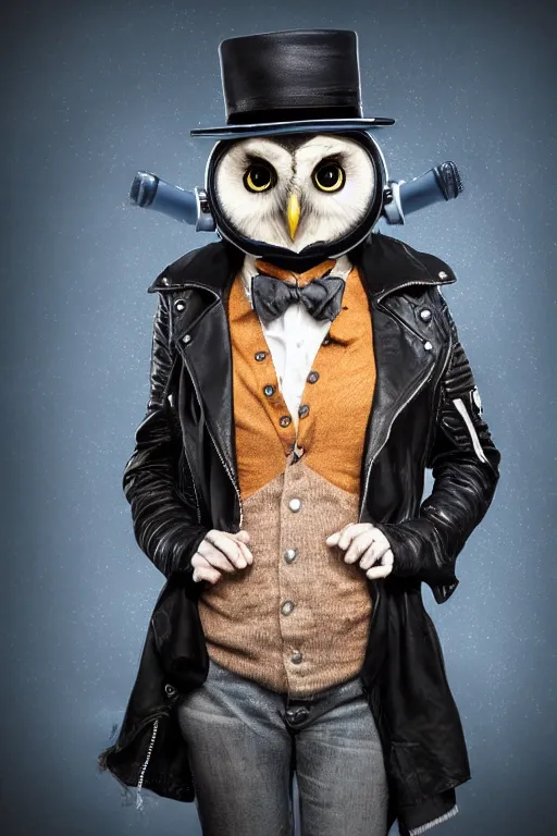 Prompt: cute owl wearing black biker jacket, portrait photo, backlit, studio photo, background colorful, tophat, kobalt blue, tophat, stone, headphone