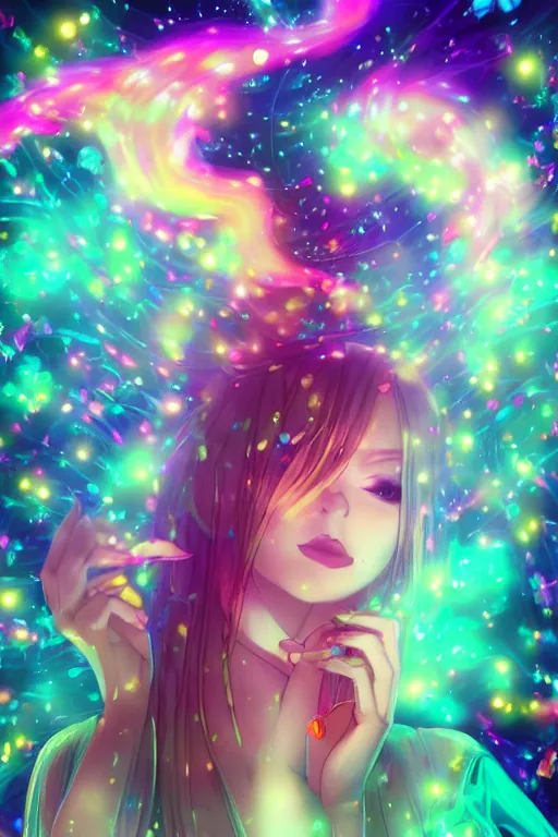 Prompt: psychedelic, whimsical, anime, 4k, beautiful intimate woman blowing smoke, with professional makeup, long trippy hair, a crystal and flower dress, sitting in a reflective pool, surrounded by gems, underneath the stars, rainbow fireflies, trending on patreon, deviantart, twitter, artstation, volumetric lighting, heavy contrast, art style of Ross Tran and Viktoria Gavrilenko and Ilya Kuvshinov
