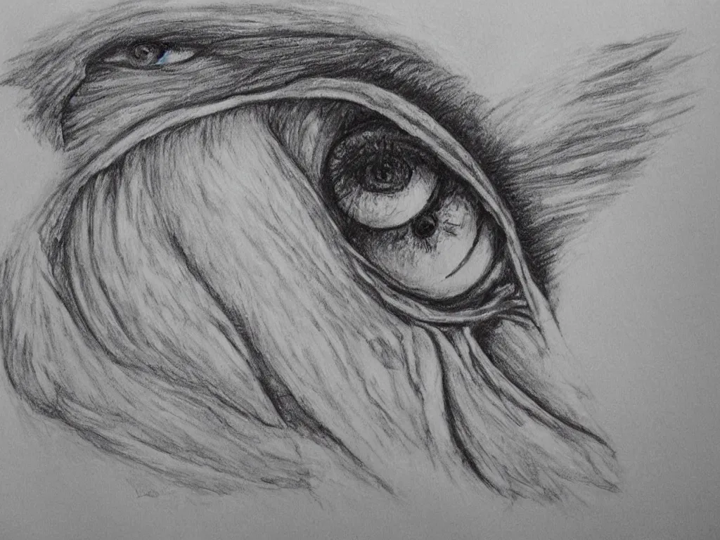 Prompt: big eye with angel wings drawing