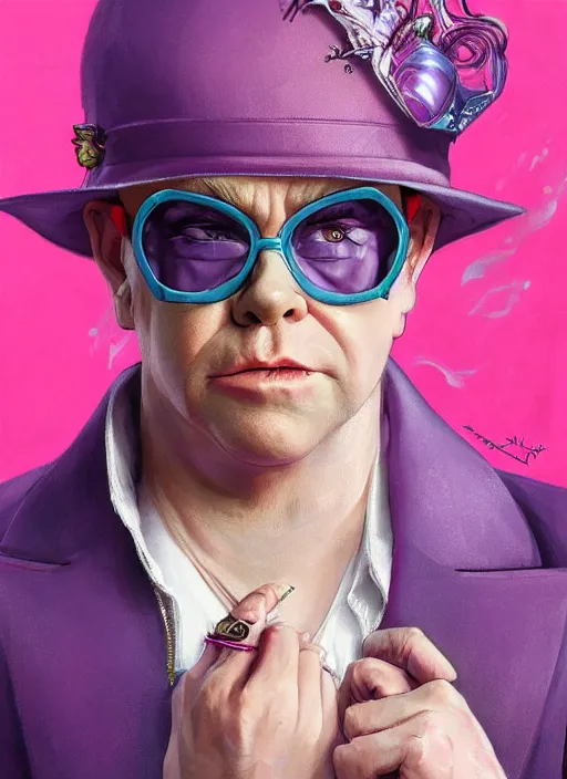 Image similar to Elton John using pink jumpsuit , headshot, painted fantasy character portrait, D&D, highly detailed, digital painting, artstation, sharp focus, art by artgerm and greg rutkowski and alphonse mucha and magali villeneuve