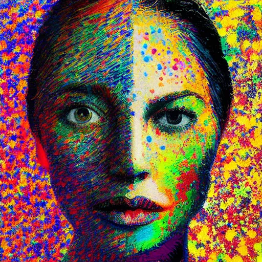 Prompt: a painting of a woman's face with many colors, a pointillism painting by Constance Gordon-Cumming and Jackson Pollock, featured on dribble, generative art, impressionism, glitch art, oil on canvas